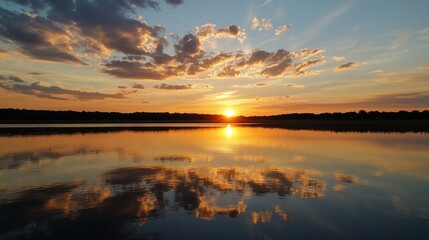 Obraz premium A sunset over a calm lagoon with still water reflecting the sky.