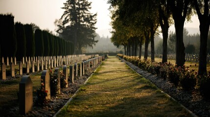 Fototapeta premium Soft sunlight casting golden hues across grassy pathway between military tombstones, surrounding trees creating solemn memorial landscape with quiet reverence