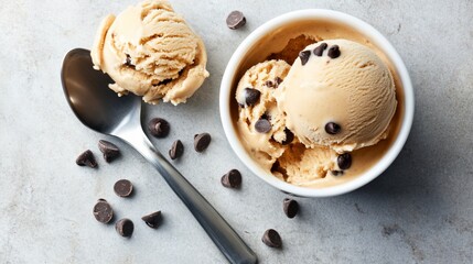 Creamy caramel ice cream with chocolate chips, served in a bowl