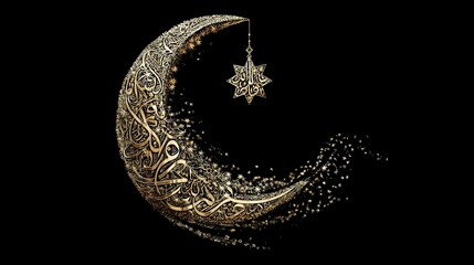 Obraz premium Glowing golden crescent moon adorned with delicate arabic calligraphy and star, symbolizing islamic artistic heritage against deep black backdrop