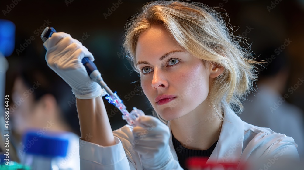 Poster focused scientist pipetting in lab environment precision experimentation calm atmosphere for researc