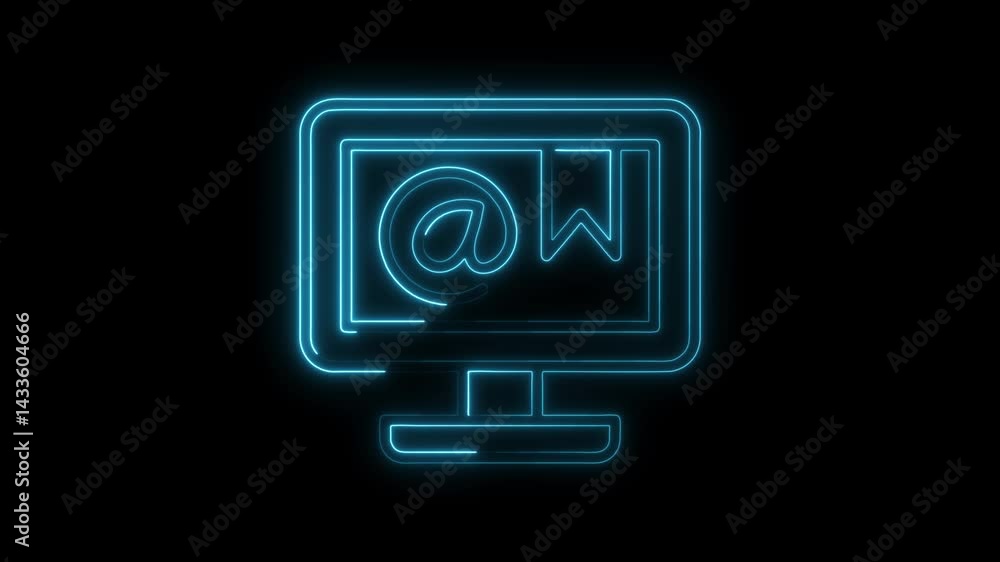 Poster neon computer screen displaying email symbol and bookmark glowing on black background