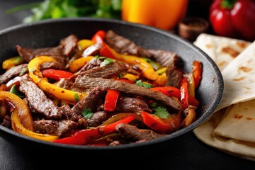 A sizzling skillet of sliced steak and bell peppers, a vibrant and flavorful dish.
