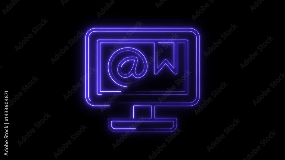 Poster neon computer screen with email symbol and bookmark animation on black background