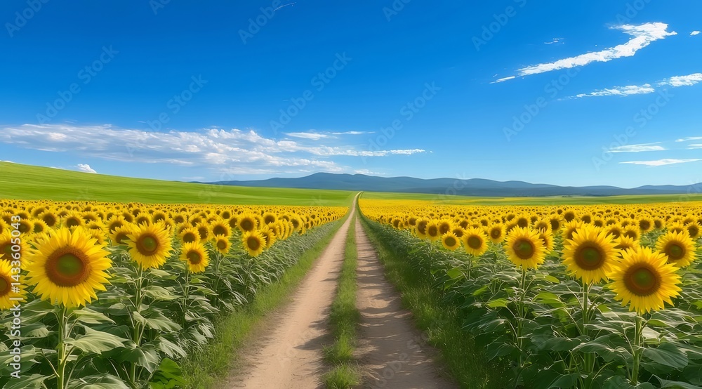 Aufkleber 青空の下 満開のひまわり畑の中の土道 夏の太陽の下 鮮やかな黄色の花々が咲き誇る風景