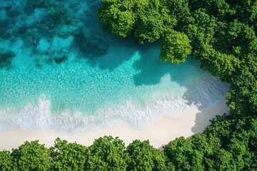 Morning tranquility on a secluded white sand beach with crystal clear turquoise waters and gentle waves invites relaxation and adventure