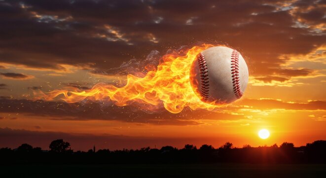 Baseball on fire flying through the sunset sky sport concept