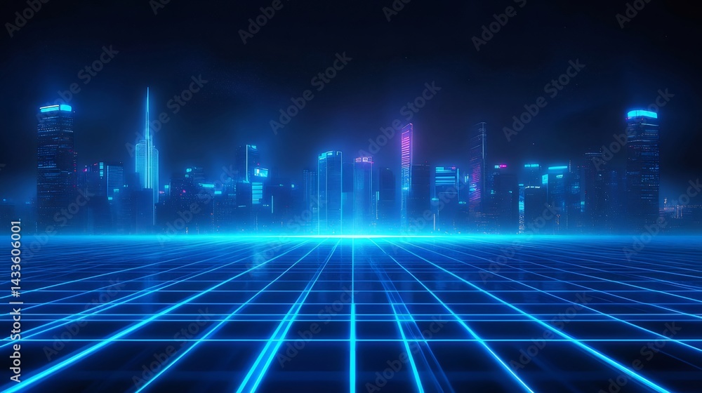 Poster 青色ネオンライトが輝く未来都市の夜景 デジタルグリッドと星空の背景に浮かぶ抽象的な都市風景