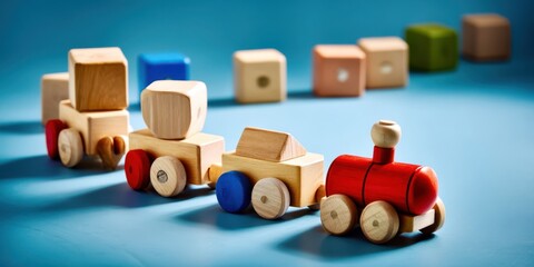 Obraz premium A wooden train with a red engine and blue wheels is on a blue background