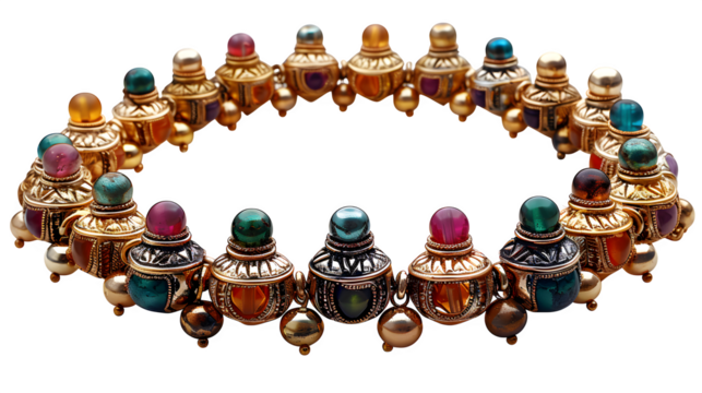 Bollywood-style anklets with bells and gemstone chains, circular flat lay, isolated PNG  