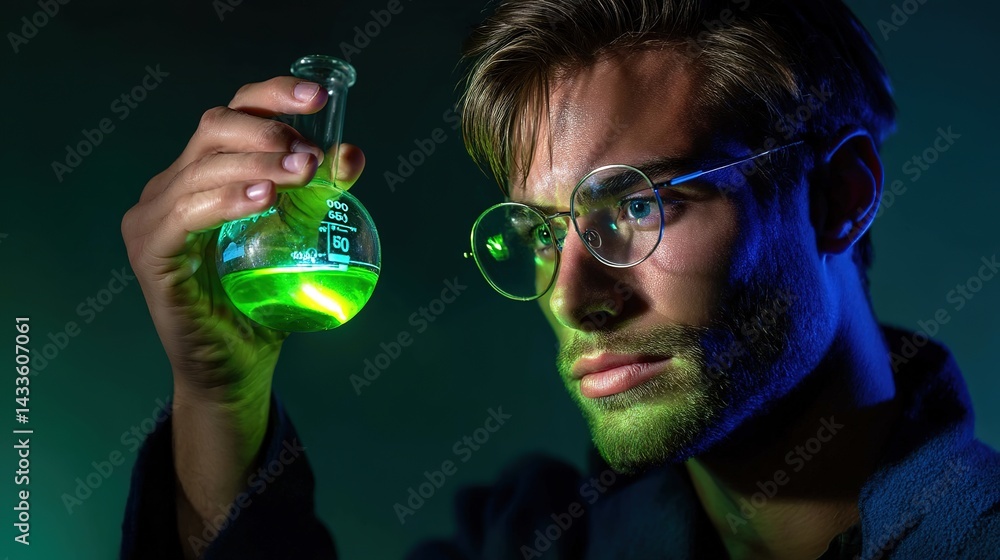 Poster chemist analyzing glowing solution in moody laboratory environment gigapixel quality image