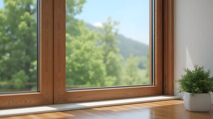 Stylish interior of the house in the loft style using wood. Wooden window frames, from the window you can see the mountains and forest area.
