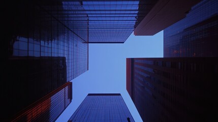 City skyscrapers, low angle view, twilight, urban background, business