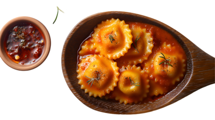 Homemade ravioli pasta, tomato sauce with rosemary, culinary food photography