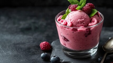 Pink raspberry ice cream dessert, topped with fresh raspberries and mint, in a glass bowl on a dark slate surface