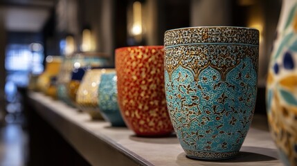 Ceramic vases displaying colorful patterns lining wooden shelf in contemporary design store, highlighting artisan craftsmanship and interior decorating trends