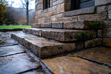 stone foundation with rough hewn texture and moss growth,