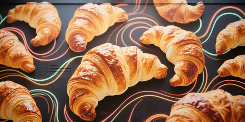 “A deliciously artistic interpretation of a croissant, captured in bold graffiti, with bright colors and a modern, urban twist.