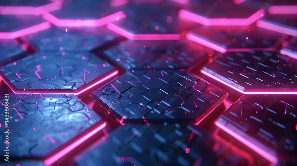 Poster abstract futuristic background featuring dark hexagonal tiles illuminated by glowing pink neon lines