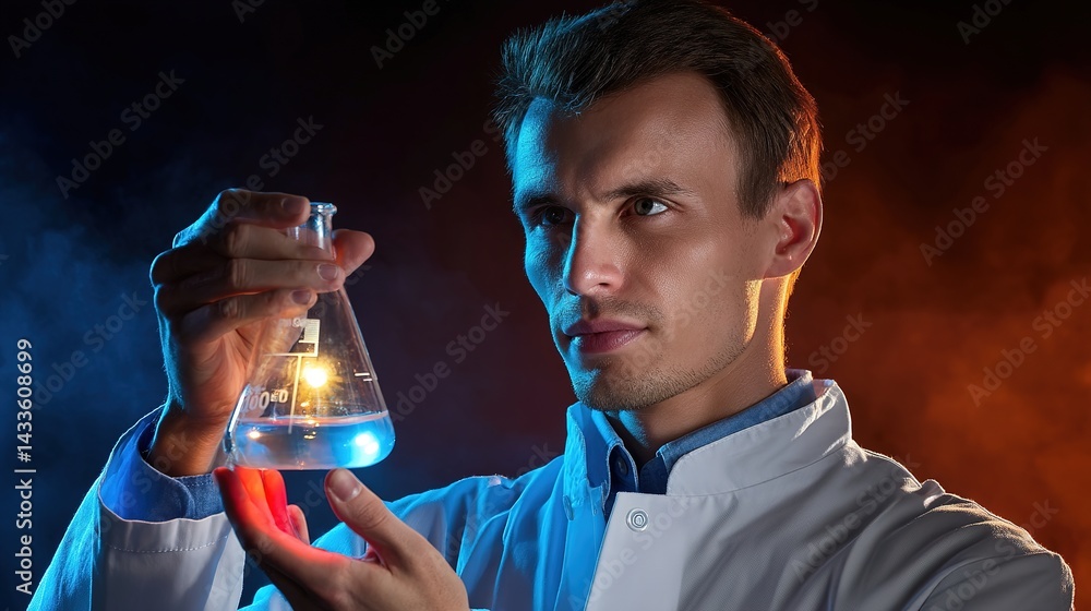 Poster chemist holding glowing flask in moody laboratory science experiment dramatic lighting close-up view
