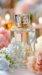 Elegant Perfume Bottle with Golden Floral Accents Surrounded by Soft Pastel Flowers

