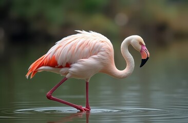 Fototapeta premium image of a Greater Flamingo standing gracefully in shallow water on a serene lake.