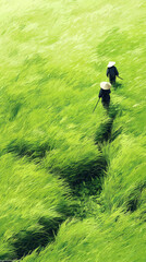 Two Samurai Walking Through Lush Green Rice Field &ndash; Phone Wallpaper

