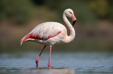 Fototapeta premium image of a Greater Flamingo standing gracefully in shallow water on a serene lake.