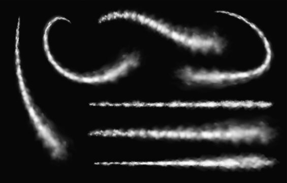 Trail smoke plane. Airplane smoky straight and curvy tracks, realistic white smoke texture for aircraft or rocket launch trace, track of missile fly in sky. Vector set.
