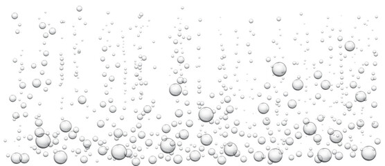 Underwater bubbles. Realistic fizzing air bubbles popping up, fizzy drink or soda pop, sparkling water texture. Vector isolated set on transparent background.