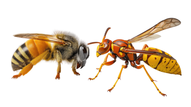 Bee versus Wasp: A stark contrast between a honeybee and a wasp, side-by-side, highlighting their distinct features, a visual lesson in nature's diversity. 