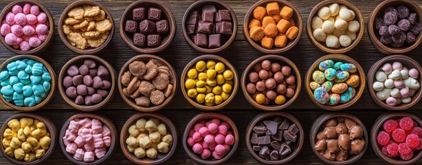 Vibrant array of candies, cookies, and chocolates displayed artfully in wooden bowls on a rustic tabletop
