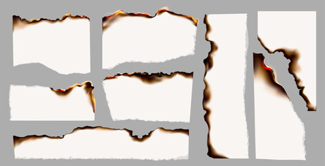 Burning paper. Realistic burning torn paper pieces with fire flame, white paper sheets with charred burnt edges, black ash and fire. Scorched and smoldering frame. Vector set.