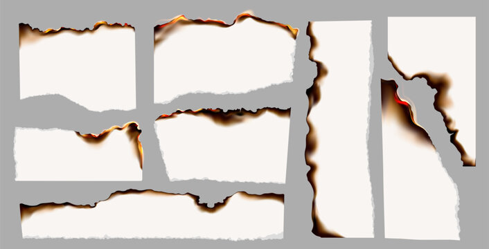 Burning paper. Realistic burning torn paper pieces with fire flame, white paper sheets with charred burnt edges, black ash and fire. Scorched and smoldering frame. Vector set.