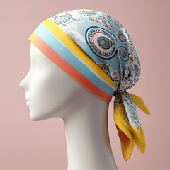 bandana mockup A stylish headscarf modeled on a mannequin against a soft pink background, showcasing intricate patterns and vibrant colors. bandana mockup bandana mockup