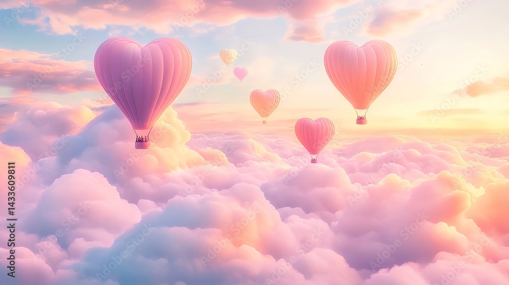 Poster ピンクのハート型バルーンが雲海を舞う幻想的な風景 柔らかな光と色彩が織りなすロマンチックな空