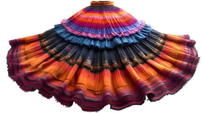 Colorful Bolivian pollera skirt with decorative pleats, laid out in circular shape, isolated object - 