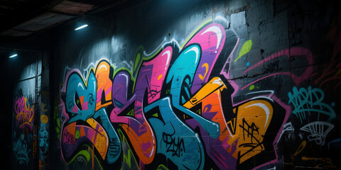 This graffiti mural, glowing under neon lights, brings a mix of color and energy, transforming the wall into a neon wonderland.