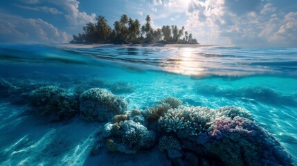 Tropical Island Paradise with Underwater Coral Reef and Clear Ocean Water