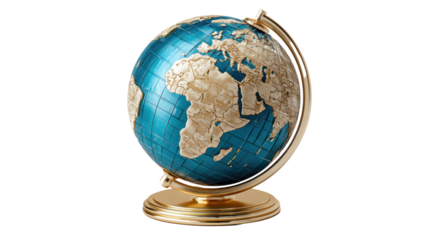 Blue Globe on Golden Stand: A vintage blue globe on a gold stand, symbolic of global exploration and adventure. The continents are outlined in muted brown hues, adding a touch of history and age.  