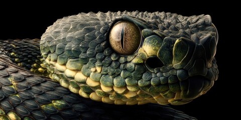 A close up of a snake's face with a large eye