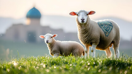 Naklejka premium Mother Sheep And Lamb In Field At Sunrise