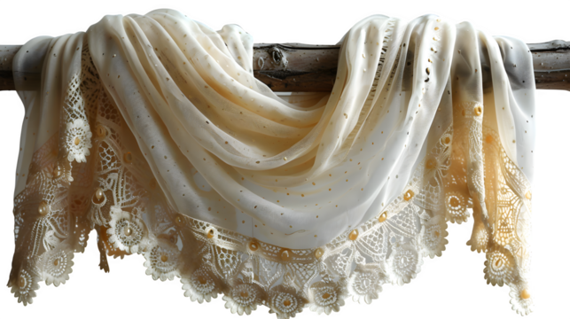 Croatian national dress scarf with intricate lace borders, draped over rod, transparent PNG  