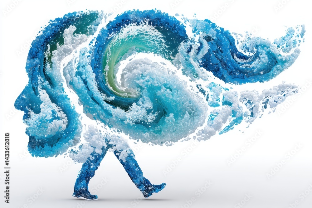 Poster artistic representation of winter solstice with abstract waves and human form in double exposure sty