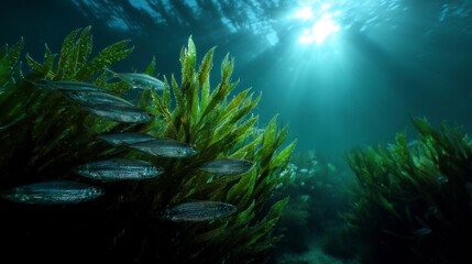 Fototapeta premium School of Fish Swim Through Underwater Kelp Forest with Sun Rays