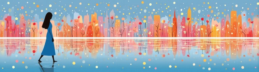 Abstract Winter Solstice Scene with a Figure Walking by Reflective Water and Colorful Landscape