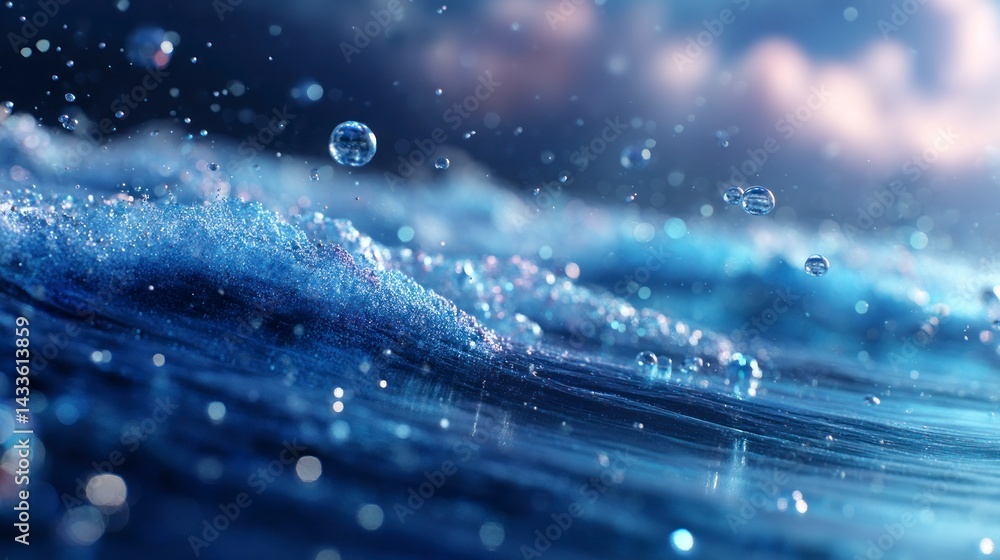 Poster blue ocean wave with bubbles and reflections for abstract background use