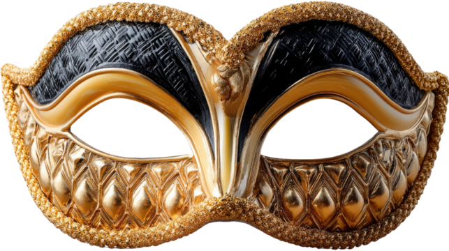 Mask of Intrigue: A meticulously crafted, eye-catching mask, adorned with intricate designs and elegant detailing, invites intrigue and a touch of mystique. The golden accents glisten.