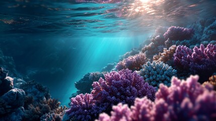 Underwater Coral Reef with Sunlight Streaming Through the Water Surface