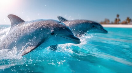 Two Dolphins Jumping Out of Crystal Clear Water Near Tropical Beach